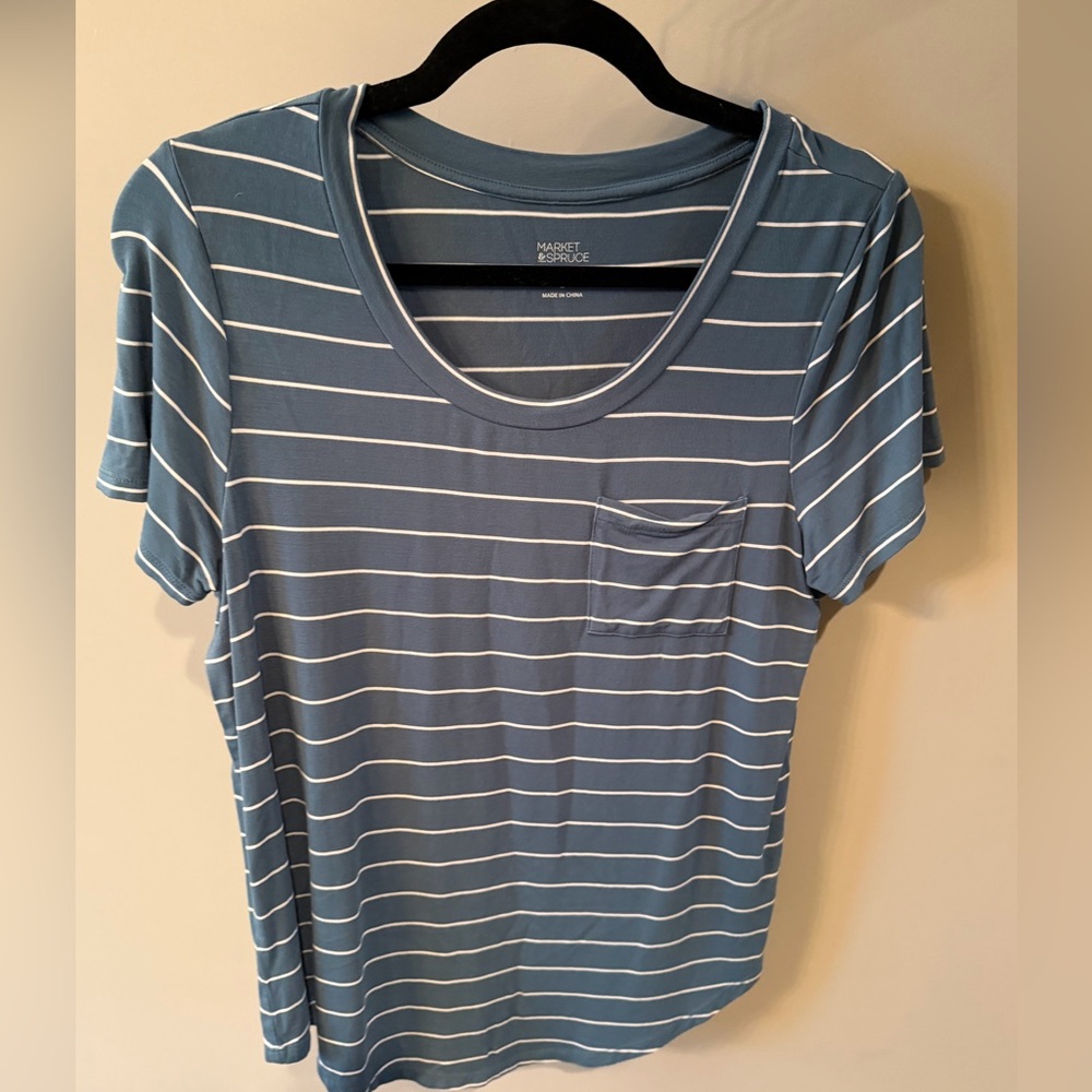 Market & Spruce Dusty Blue & White Striped Pocket Tee